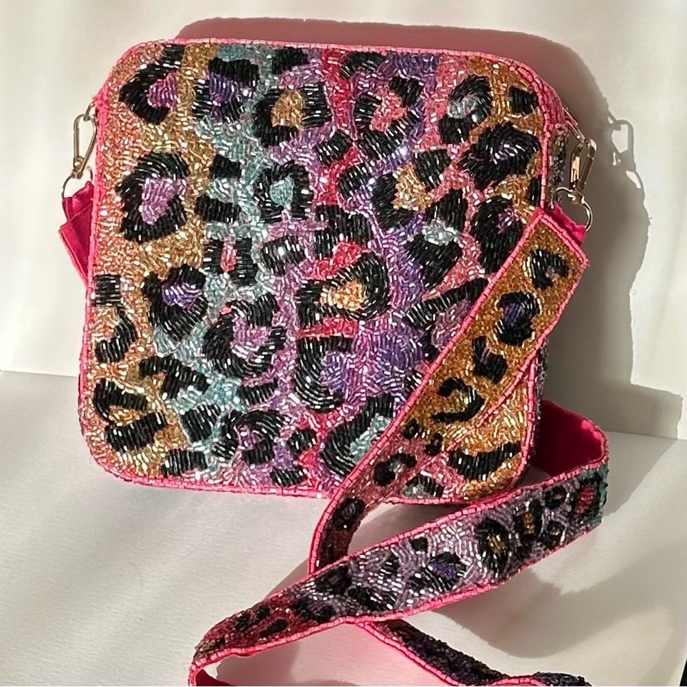 Beaded Rainbow Leopard Print Women's Bag
